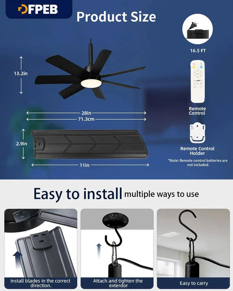 28 Inch Plug In Outdoor Ceiling Fan With Lights And Remote, LED Gazebo Hanging Fan With Hook, shown with dimensions and remote