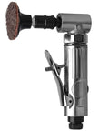 Side view of chrome 1/4-inch angle air die grinder with a 2-inch sanding disc attached.