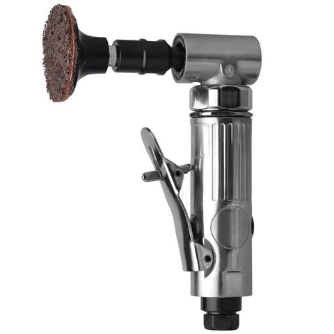 Side view of chrome 1/4-inch angle air die grinder with a 2-inch sanding disc attached.
