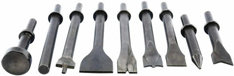 Rugged Workhorse Pneumatic Chisel Set For Air Hammer 9 Piece Punching Bits Kit with varied chisel shapes and 0.39 inch shank