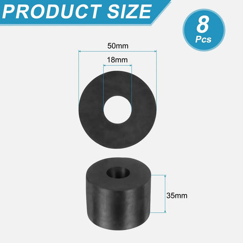 Set Of 8 Solid Rubber Spacers, 50mm O D By 18mm I D, 35mm Thick, Heavy Duty Anti Vibration Cushions displayed with size measurements.