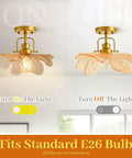 Modern Brass Ceiling Pendant Light With Green Glass Flower Shade Gold Ceiling Lamp For Bedroom Living Room Dining Room And Hallway E26 110V Semi Flush Mount Chic Boss Home Lighting That's Straight Up Lit, showing on and off states.