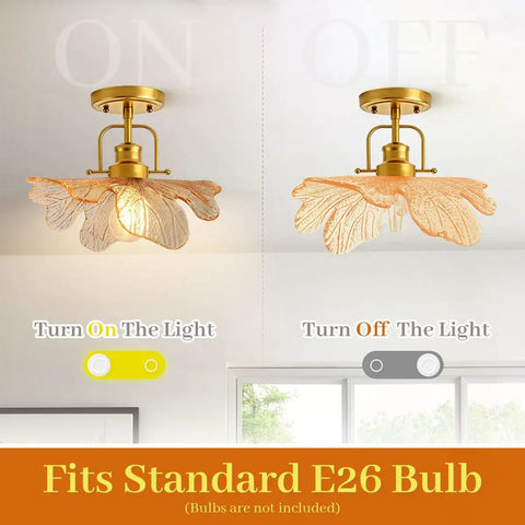 Modern Brass Ceiling Pendant Light With Green Glass Flower Shade Gold Ceiling Lamp For Bedroom Living Room Dining Room And Hallway E26 110V Semi Flush Mount Chic Boss Home Lighting That's Straight Up Lit, showing on and off states.