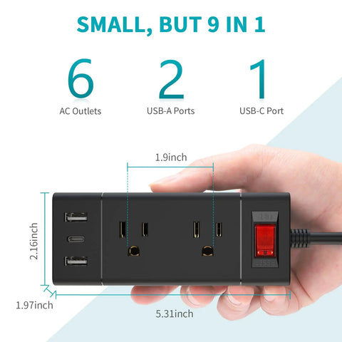 Compact view of 2 Pack Surge Protector Power Strip With USB C And USB A Ports, 6 Outlets, 3 USB Ports held in hand for size reference