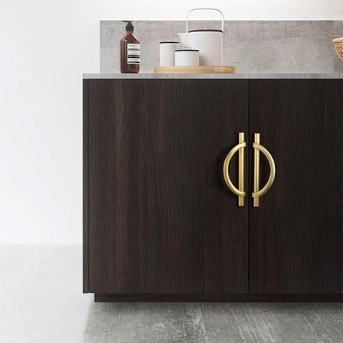 Brushed Gold Half Moon Cabinet Pulls Set of 2, 3.75 Inch Length on dark cabinet doors, easy to install, durable, stylish hardware