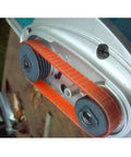 Close-up of Top Shelf Planer Drive Belt Five Piece Polyurethane Build Orange Finish on Makita tool showing installation.