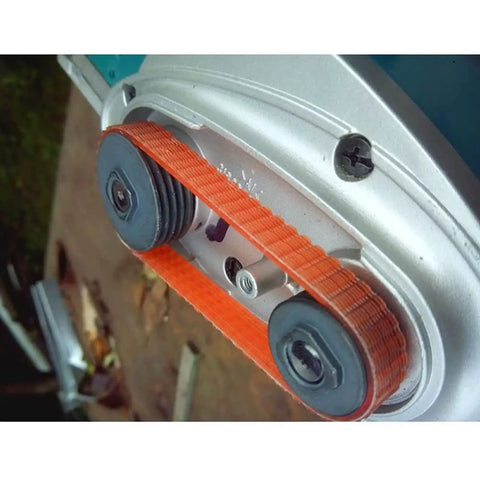Close-up of Top Shelf Planer Drive Belt Five Piece Polyurethane Build Orange Finish on Makita tool showing installation.