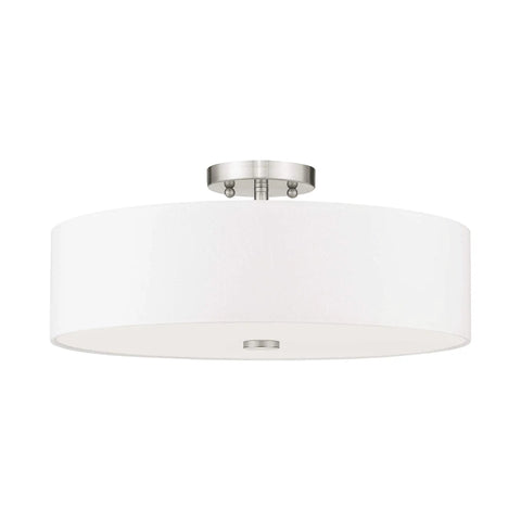Meridian Collection 4 Light Semi Flush Mount Ceiling Fixture With Off White Fabric Hardback Drum Shade And Brushed Nickel Finish