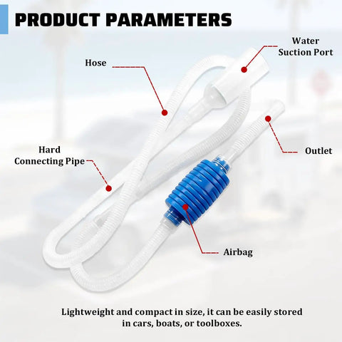 Heavy Duty Manual Gas Siphon Pump With Flexible Hose For Quick Truck And Suv Fuel Transfer And No Hassle Diesel Oil Drain Tool That Gets Her Done For Everyday Drivers On The Go, featuring hose, hard connecting pipe, and water suction port.
