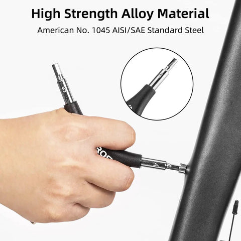 3 In 1 Allen Wrench Set Built Tough For DIY Projects And Bike Repair, 4mm hex key in use on bike frame, chrome plated steel, PVC handle