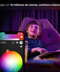 Child enjoying ambient lighting from Hue LightStrip Plus Dimmable LED Smart Light Extension, compatible with Alexa and Google Assistant.