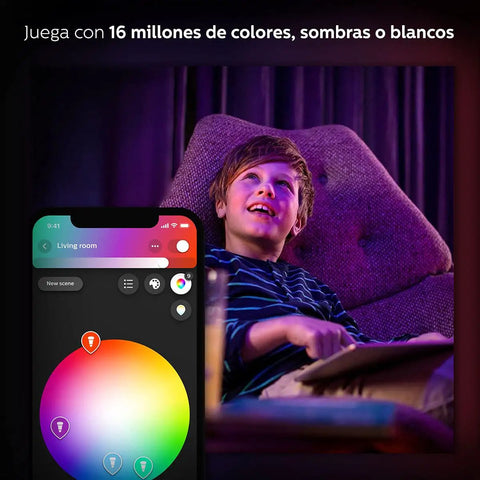 Child enjoying ambient lighting from Hue LightStrip Plus Dimmable LED Smart Light Extension, compatible with Alexa and Google Assistant.