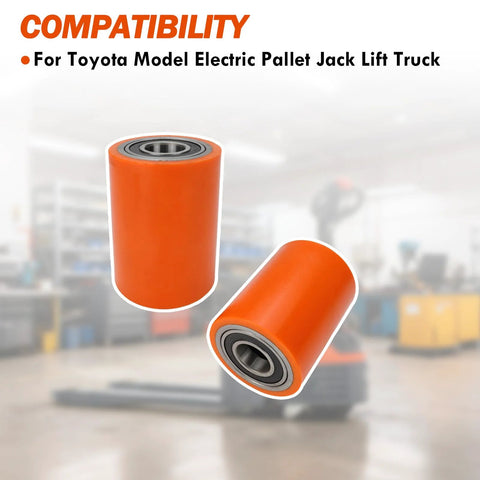 Durable Load Wheel Replacement For Toyota Electric Pallet Jack Lift Truck 8HBW23 2 Pcs Heavy Duty Wheel shown in warehouse
