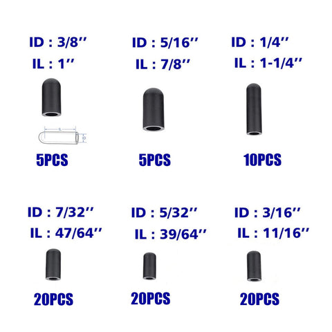 Diagram of sizes in 80 Piece Assorted Vacuum Plugs And Hose End Caps Kit for carburetor manifold repair, 5 to 20 pieces per size.