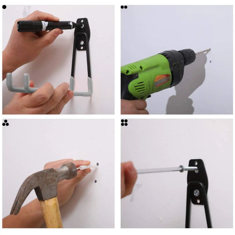 Installation steps for Heavy Duty Garage Storage Hooks Set For Wall Mount Organization 12 Piece Hook Rack with drill and hammer tools.