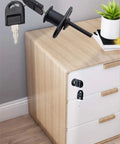 Two Pack Drawer Locks With Keys For Cabinets And File Cabinets Zinc Alloy Desk Locks installed on a light wood cabinet