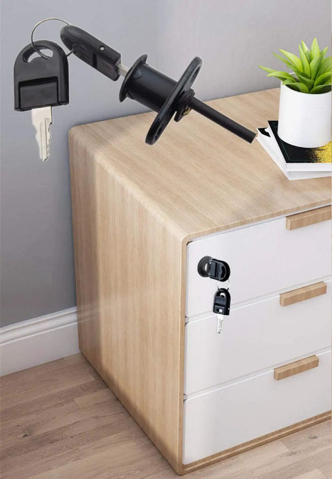 Two Pack Drawer Locks With Keys For Cabinets And File Cabinets Zinc Alloy Desk Locks installed on a light wood cabinet