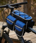 Large Bike Frame Bag 2L With Four Compartments, Water Resistant Frame Storage for Mountain Biking mounted on bike frame.