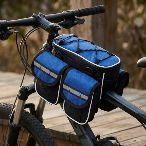 Large Bike Frame Bag 2L With Four Compartments, Water Resistant Frame Storage for Mountain Biking mounted on bike frame.