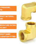 Five Piece 90 Degree Brass Pipe Elbow Fitting With Two One Quarter Inch NPT Female Ends Barstock Street Elbow For DIY Plumbing And Gas Lines Durable Corrosion Resistant, front and side view.