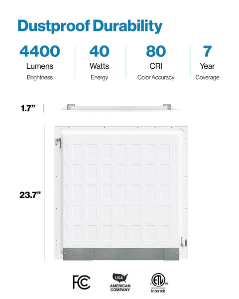 Back view of 4 Pack 2x2 LED Flat Panel Light 5000K Daylight, 40W Dimmable 0 to 10V, 4400 LM with durability features listed.