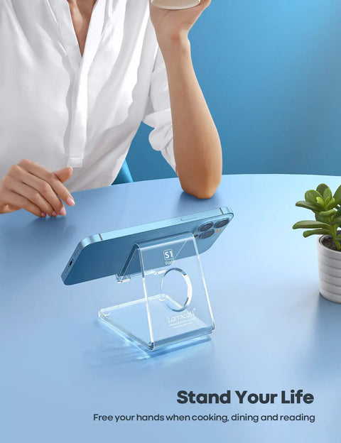 Clear Acrylic Cell Phone Stand For Your Desk And Office with phone, ideal hands-free holder for 4-8 inch screens, modern decor
