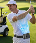Golfer wearing 20,000mAh Portable Neck Fan with dual high speed motors, hands free on golf course, airflow visible.