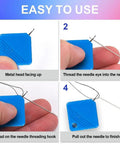 Steps showing Automatic Needle Threader Kit For Hand Sewing And Embroidery, No Fuss Threading With Any Needle Size, Great For Shaky Hands And Poor Vision.
