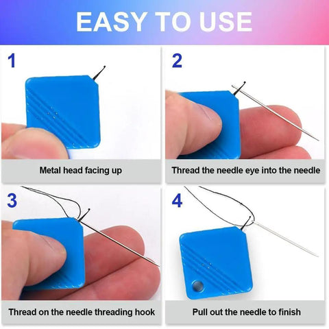 Steps showing Automatic Needle Threader Kit For Hand Sewing And Embroidery, No Fuss Threading With Any Needle Size, Great For Shaky Hands And Poor Vision.