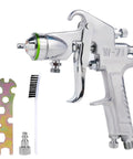 Heavy Duty Pressure Feed Air Spray Paint Gun With One Piece Steel Body And Nickel Chromium Coating 1.5mm Nozzle on display with accessories.