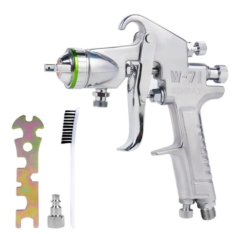 Heavy Duty Pressure Feed Air Spray Paint Gun With One Piece Steel Body And Nickel Chromium Coating 1.5mm Nozzle on display with accessories.