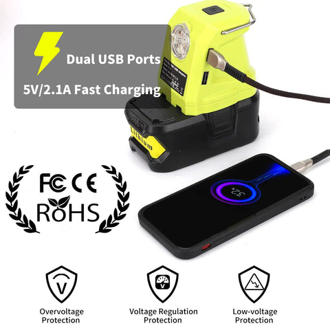 Portable LED Lantern For Ryobi 18V Batteries 450 Lumen Work Light with Dual USB 2.1A Fast Charge shown charging a phone