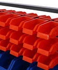 Close-up of the Heavy Duty Rolling Steel Storage Rack With Wheels, 90 Bin Organizer, showing red and blue bins.