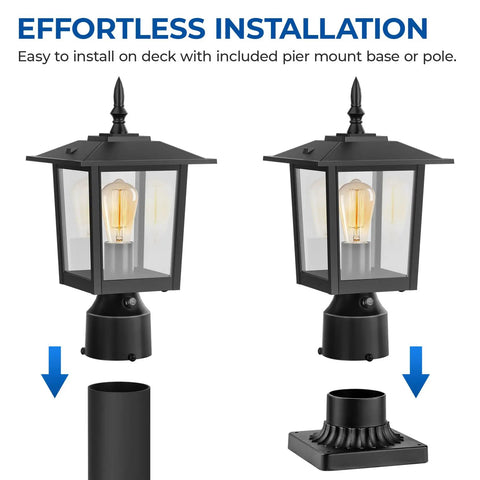 Outdoor Post Light Fixture With Dusk To Dawn Sensor Six Inch Aluminum Lantern With Clear Glass shown with pier mount base
