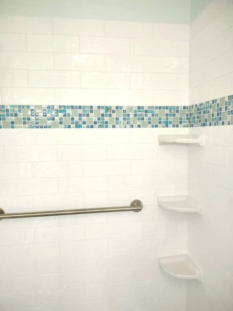 Coastal Glass Mosaic Ocean Blue Backsplash Tile With Real Shell Accents Iridescent Cracked Finish For Bathroom Shower Wall Decor And Kitchen Splash 5 Square Feet Turquoise Aqua Ice Blue Tints Glossy And Frosted Glass