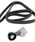 Heavy Duty Serpentine Drive Belt And Tensioner Complete Component Kit Always Get Engine Running Smooth Premium Upgrade Perfect For Daily Drivers Looking To Save Cash On Repair Bills Without Breaking Bank Today Best Compatible Fitment Guarantee. Black serpentine belt and metal tensioner assembly