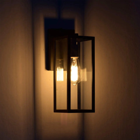 2 Pack Outdoor Wall Light Fixtures With Clear Glass Sconces, modern farmhouse lantern, weatherproof iron finish, wall mounted