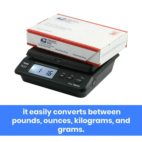 Top Notch Digital Postal Shipping Scale For Boxes And Parcel Mailing 55 Lb Capacity With Dead On 0.01 Lb Precision bright LCD screen displaying weight with a small flat rate box on top.