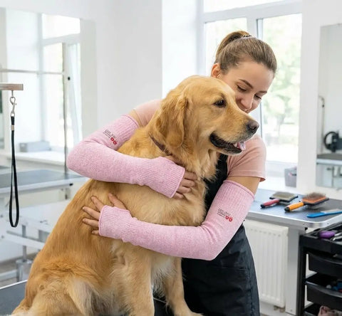 Mechanic wearing Heavy Duty Cut Resistant Arm Sleeves With Thumb Holes For Mechanics And Glass Handling Shielding Delicate Skin Straight Up Like Body Armor In Pink Pair, holding a golden retriever.