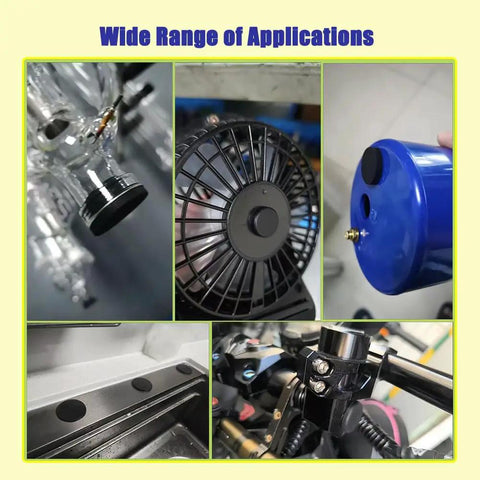 Kickass 115 Piece Silicone Hole Plugs Set with 10 Sizes used in various applications like fans, valves, and sink seals.