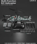 Rugged RC Helicopter With Realistic Military Look, 2.4GHz Control, accessories and components displayed.