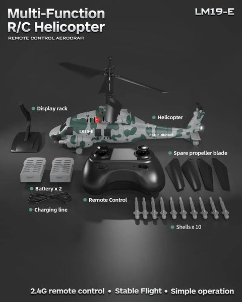 Rugged RC Helicopter With Realistic Military Look, 2.4GHz Control, accessories and components displayed.
