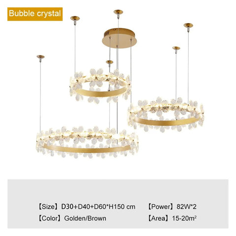 Modern LED s Gold Living Room Light Nordic Crystal Pendant Lighting for Bedroom Kitchen Lustre Moderno, size 30-60 cm, golden finish.
