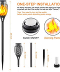 Solar Torch Lights With Flickering Flame 16 Pack 12 LED, showing components and dimensions for easy installation.