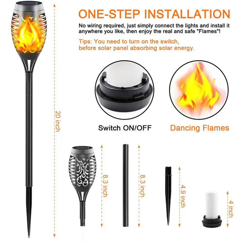 Solar Torch Lights With Flickering Flame 16 Pack 12 LED, showing components and dimensions for easy installation.