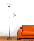 Mother Daughter Floor Lamp With Reading Light In Silver Finish Dual Lamp Setup With White Shades Three Way Main Light And 60W Reading Light Great For Living Room Bedroom Office Or Dorm next to orange sofa