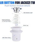 Exploded view of 16A On Off Push Button Switch For Whirlpool Jets Bath Tub Spa Air Switch Replacement with stainless steel and ABS components.
