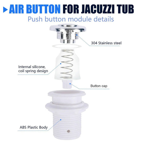 Exploded view of 16A On Off Push Button Switch For Whirlpool Jets Bath Tub Spa Air Switch Replacement with stainless steel and ABS components.