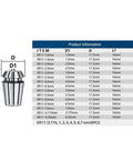 Premium ER11 Collet Chuck Set With Bit Clamping Tool Handle For 1mm To 7mm End Mills, detailed specification chart with sizes.