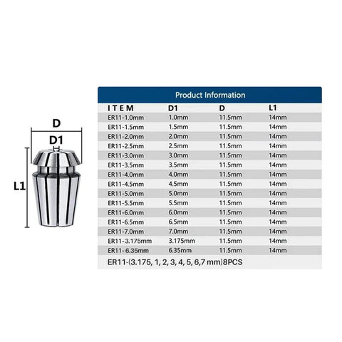 Premium ER11 Collet Chuck Set With Bit Clamping Tool Handle For 1mm To 7mm End Mills, detailed specification chart with sizes.
